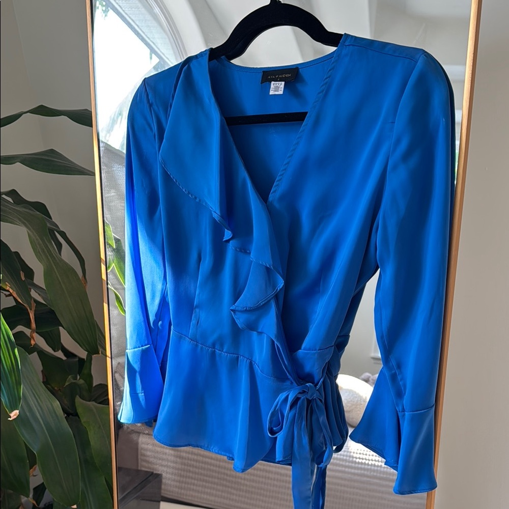 Ava & Aiden Blue Long Sleeve Wrap Blouse